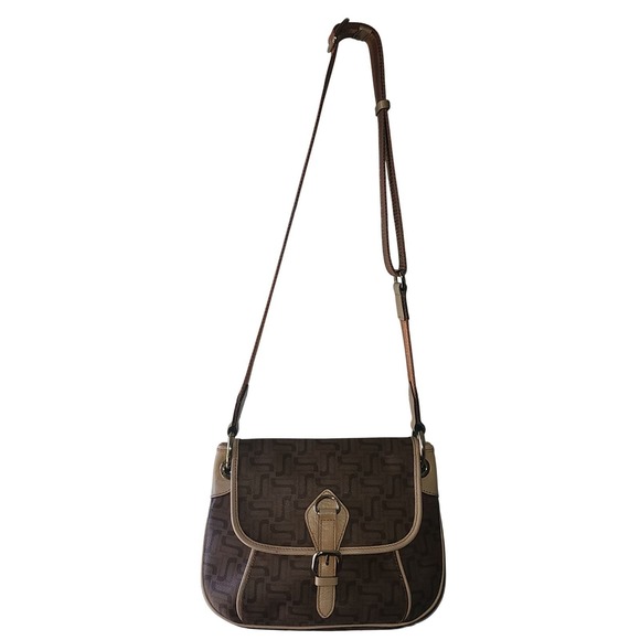 Daks Handbags - DAKS London Monogram Crossbody Bag Brown Leather Trim DC2H REAR VINTAGE LUXURY
